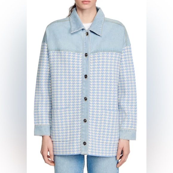 ⭐️SANDRO Houndstooth denim-paneled stretch-knit shirt jacket—GORGEOUS!! Size 2 - Picture 4 of 13